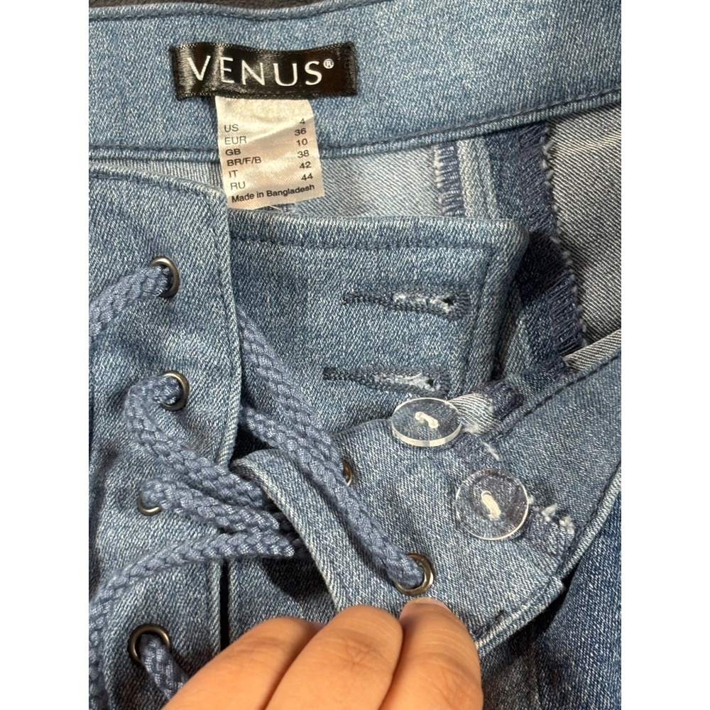 Venus Patchwork Bell Bottom Flare Jeans Blue Lace Up High Rise Womens Size 4 - Picture 4 of 14